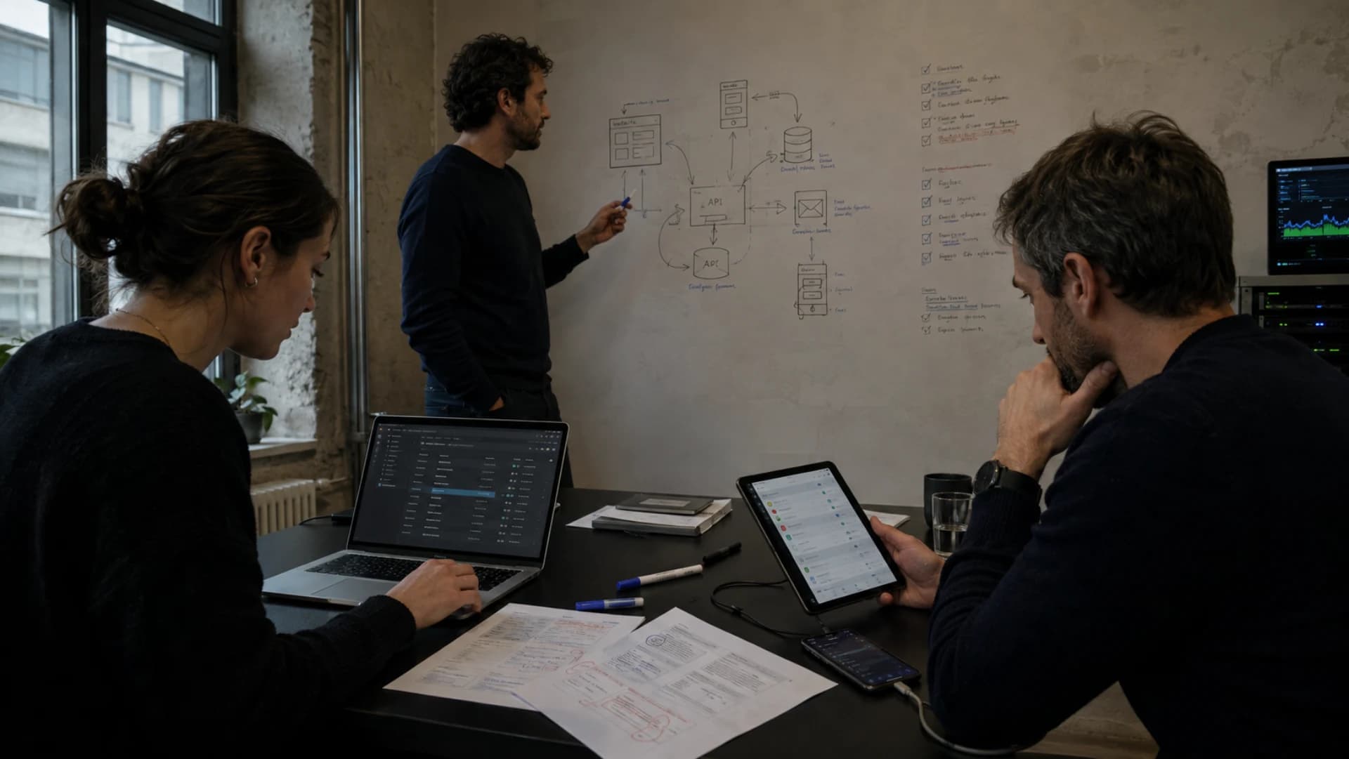 Profesioniști verificând arhitectura și starea unei lansări software