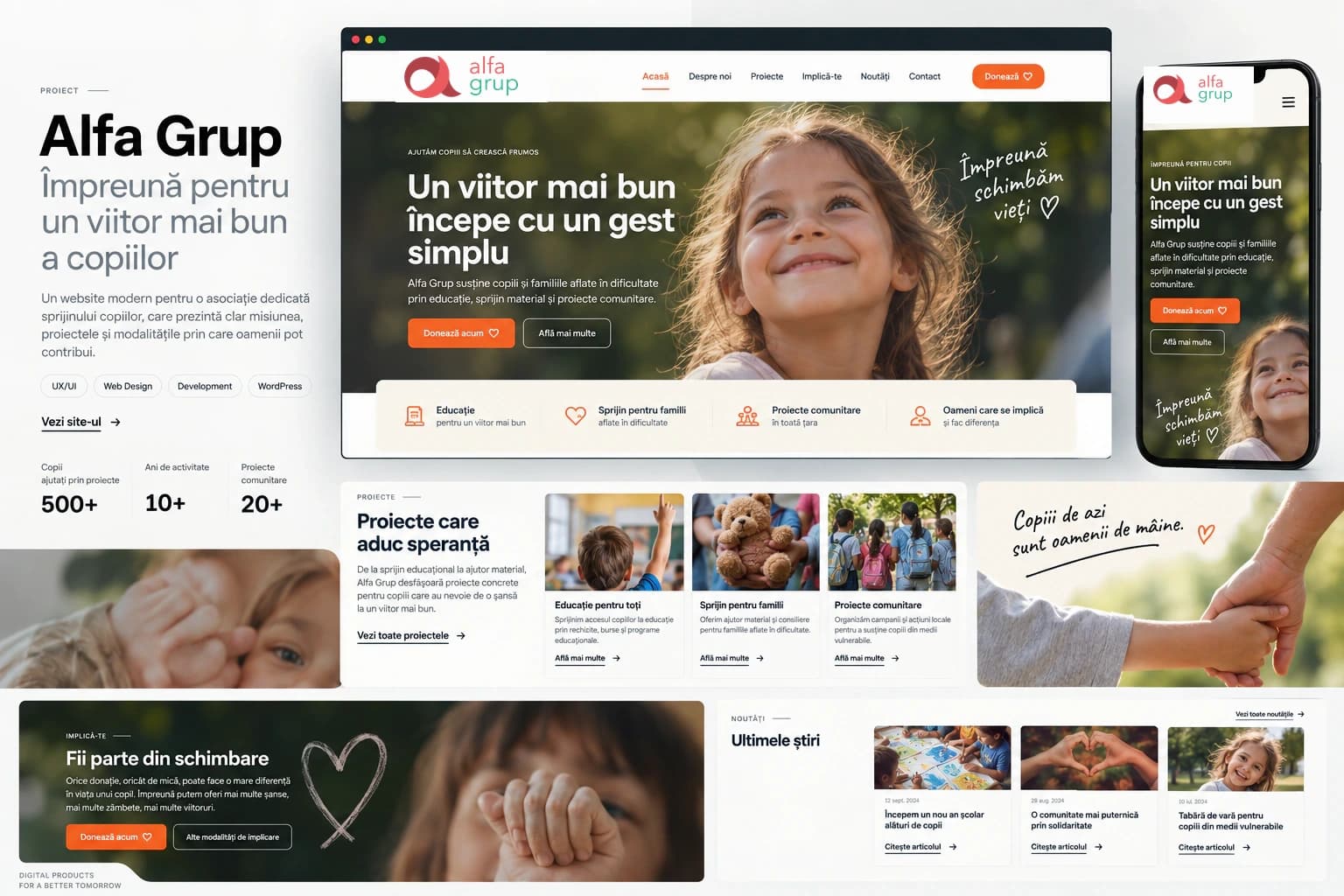 Concept vizual reprezentativ Alfa Grup cu website-ul afișat pe desktop și mobil, proiecte pentru copii și căi de implicare